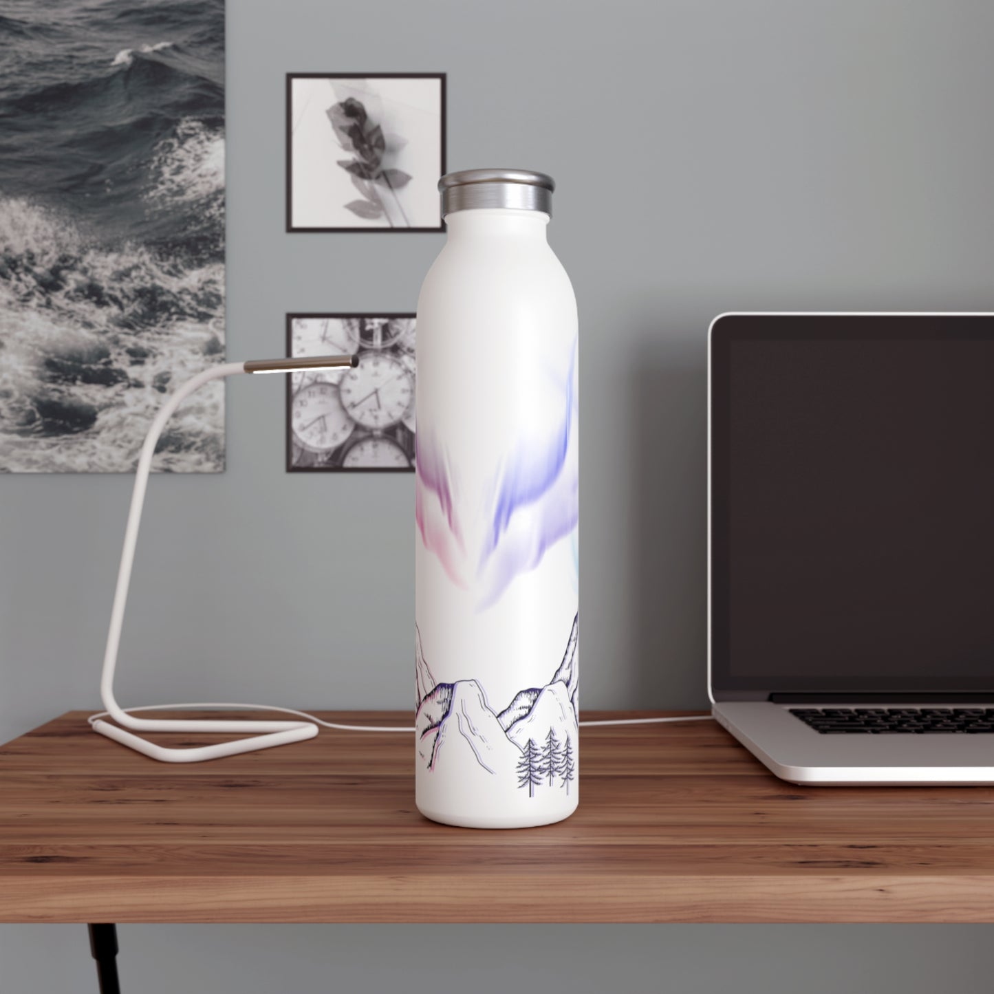 Mountain Aura Slim Water Bottle, Eco-Friendly Insulated Bottle, Adventure Water Bottle, Gift for Hikers, Travel Mug