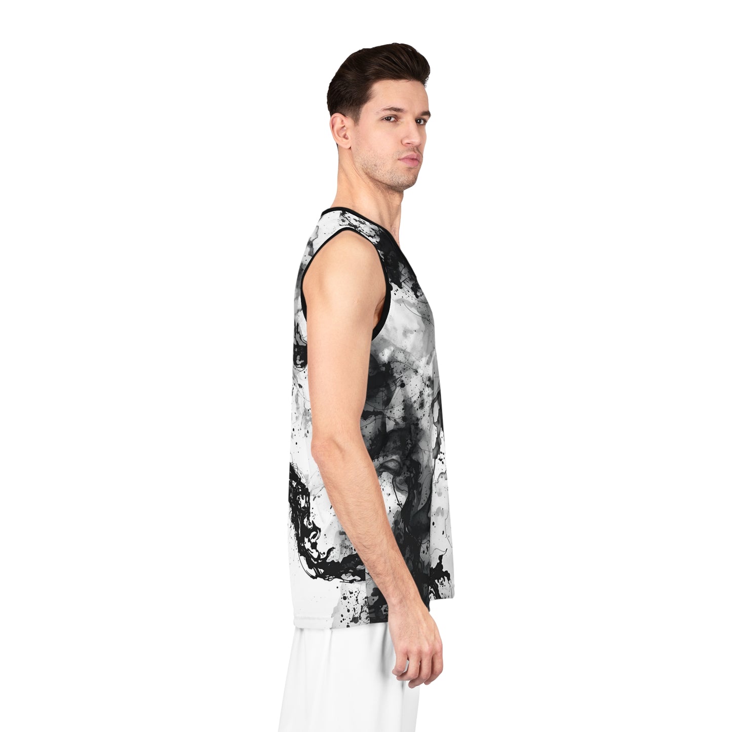 Abstract Ink Basketball Jersey – Black and White Flow