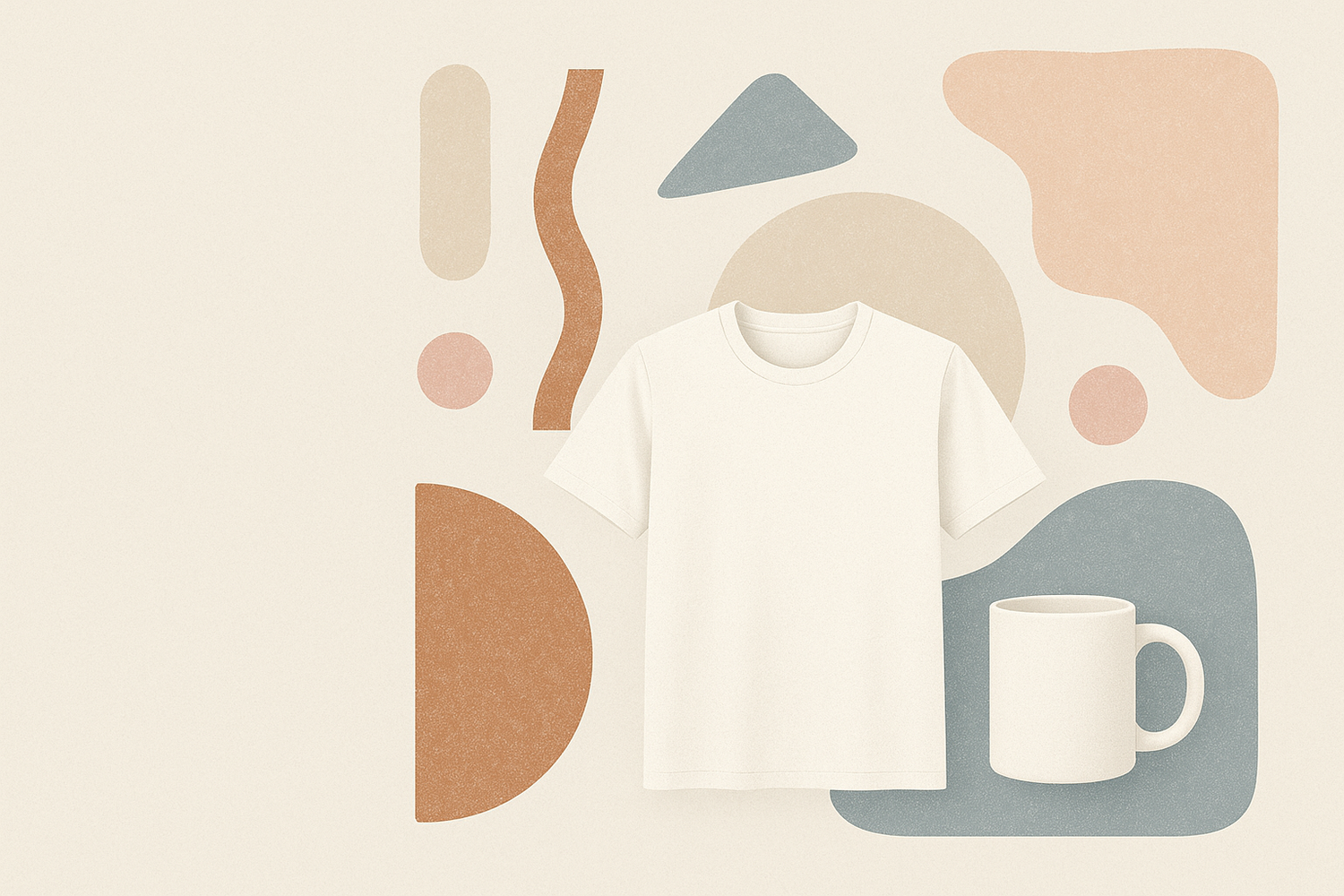 Minimal, modern About Us section image for an e-commerce store. Abstract shapes, colorful geometric patterns, and subtle textures conveying creativity and self-expression. Include a hint of merchandise (t-shirt, mug, or tote) integrated naturally, but do not include any text in the image. Keep the composition balanced with empty space on the left for text overlay. Soft neutral or pastel background, high resolution, professional, clean, and inviting style, no people