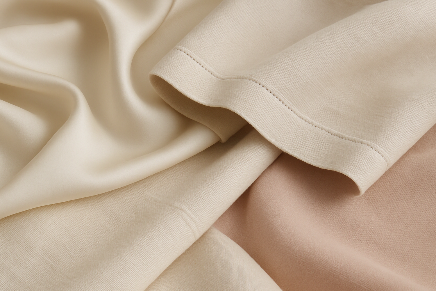 Minimal, professional close-up of high-quality fabrics and materials. Soft folds, subtle textures, and stitching details visible. Neutral or pastel background with soft, natural lighting. Clean, modern, and elegant aesthetic. No products, no people, no text, high resolution.