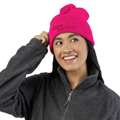 Cozy Soul Pom-Pom Beanie – Embroidered Knit Hat