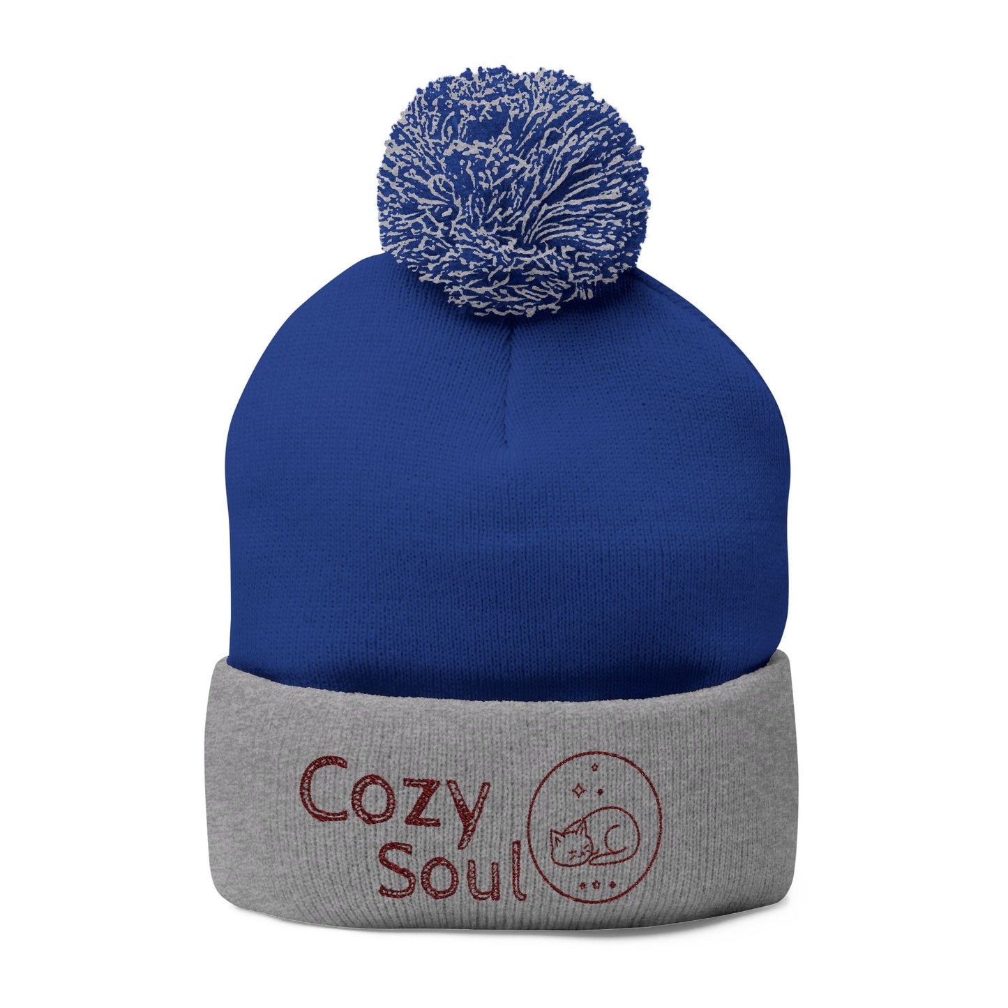 Cozy Soul Pom-Pom Beanie – Embroidered Knit Hat
