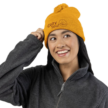 Cozy Soul Pom-Pom Beanie – Embroidered Knit Hat