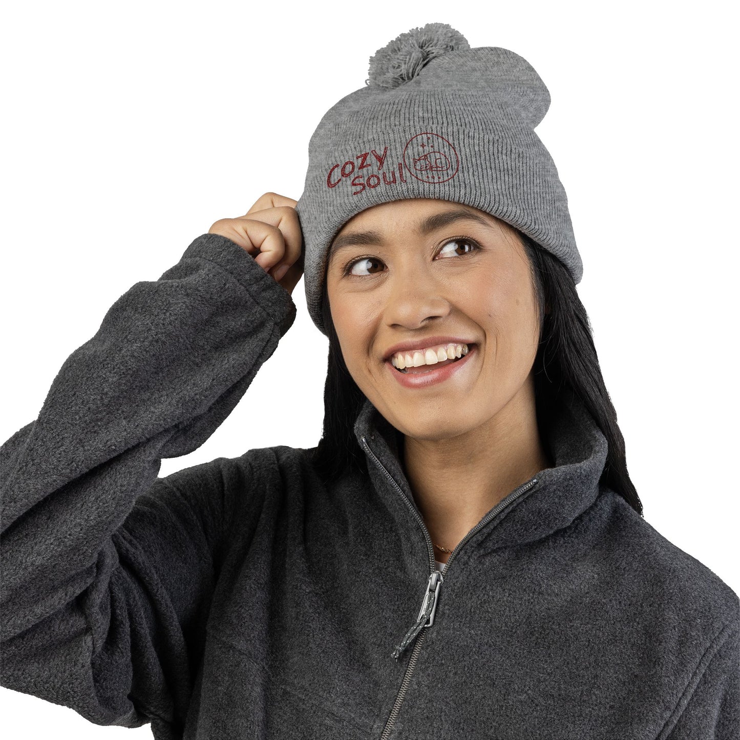 Cozy Soul Pom-Pom Beanie – Embroidered Knit Hat