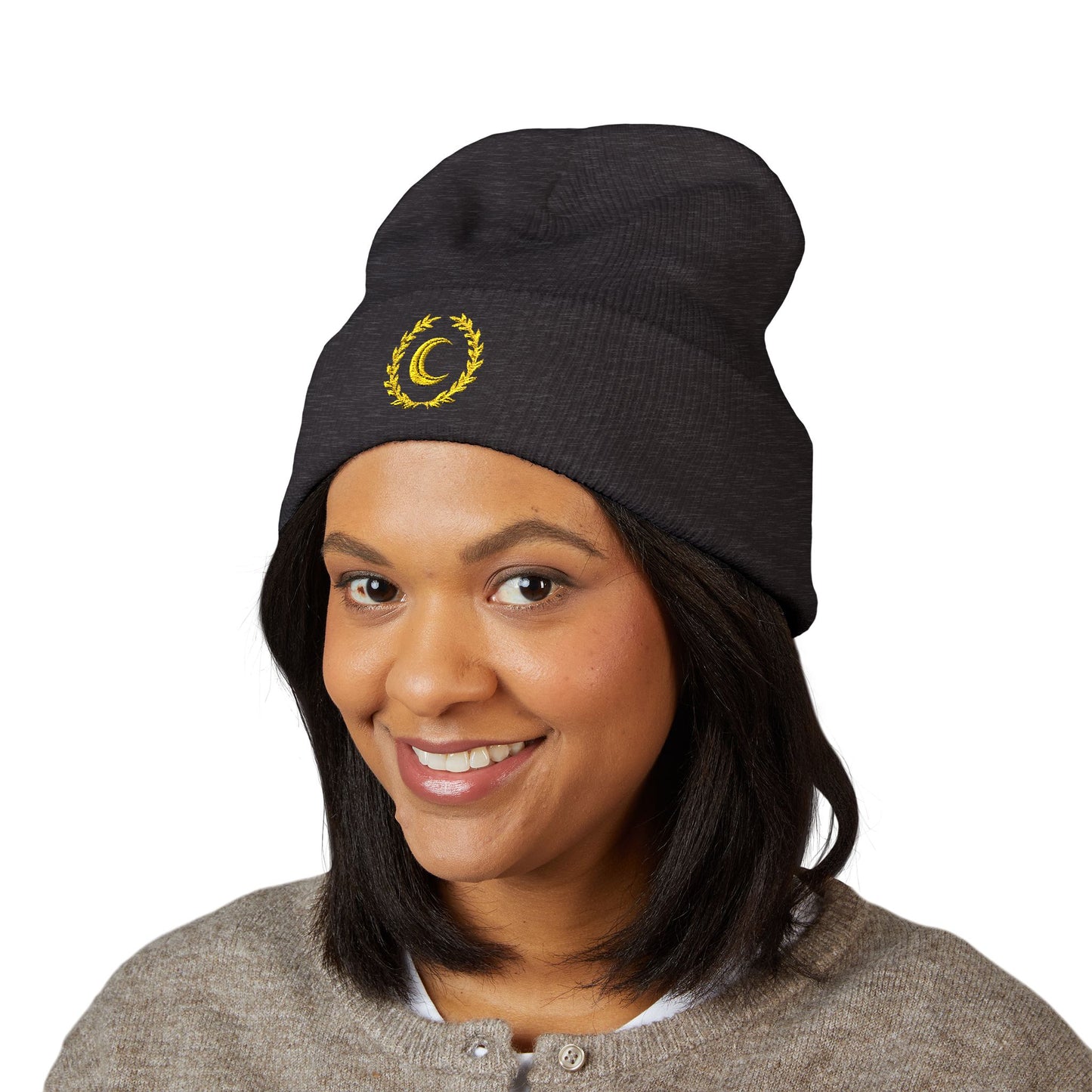 Golden Crescent Beanie – Embroidered Minimal