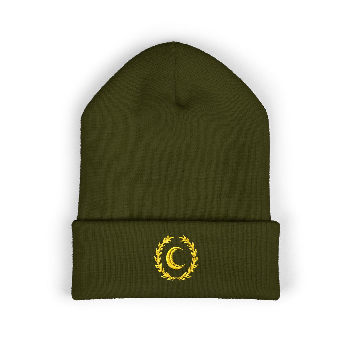 Golden Crescent Beanie – Embroidered Minimal
