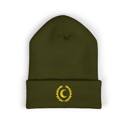 Golden Crescent Beanie – Embroidered Minimal