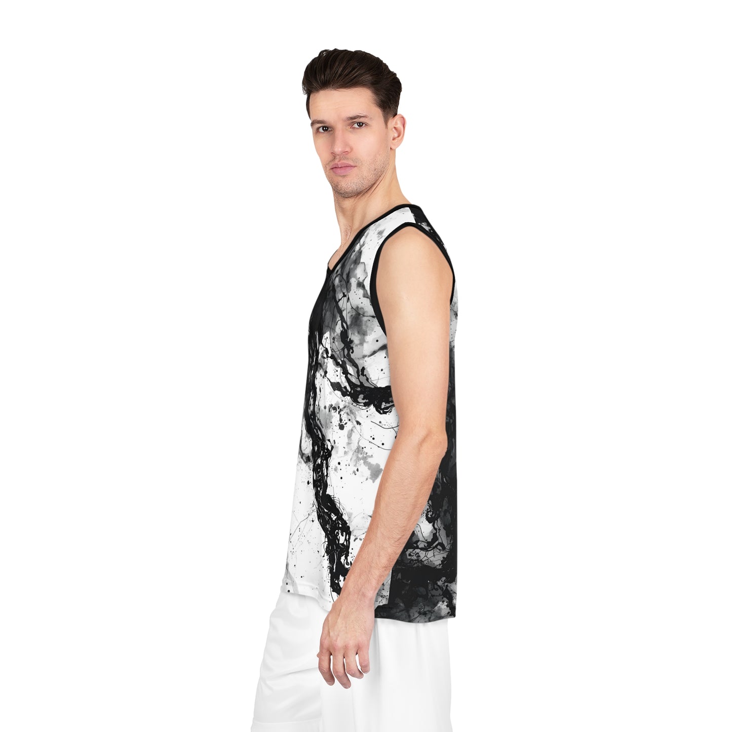 Abstract Ink Basketball Jersey – Black and White Flow