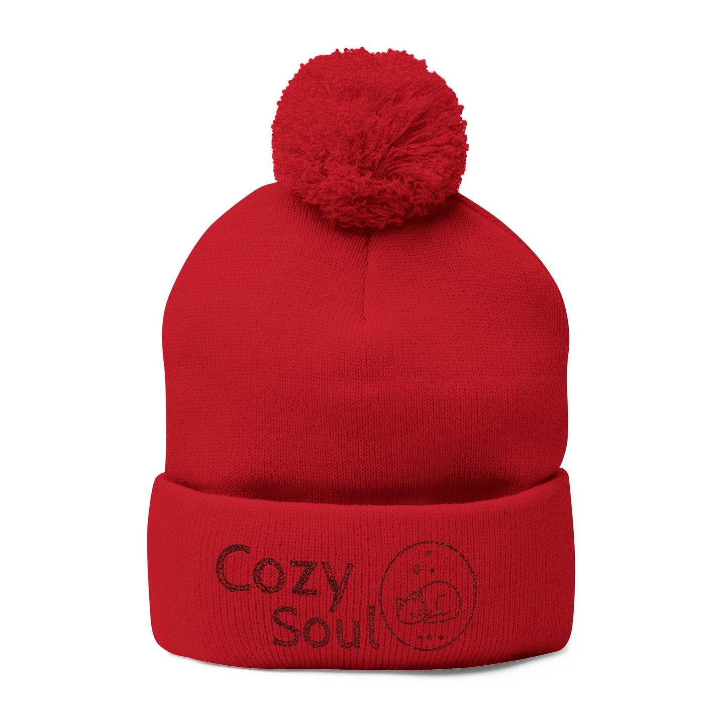 Cozy Soul Pom-Pom Beanie – Embroidered Knit Hat