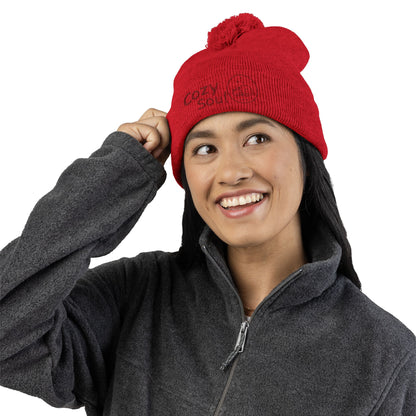 Cozy Soul Pom-Pom Beanie – Embroidered Knit Hat