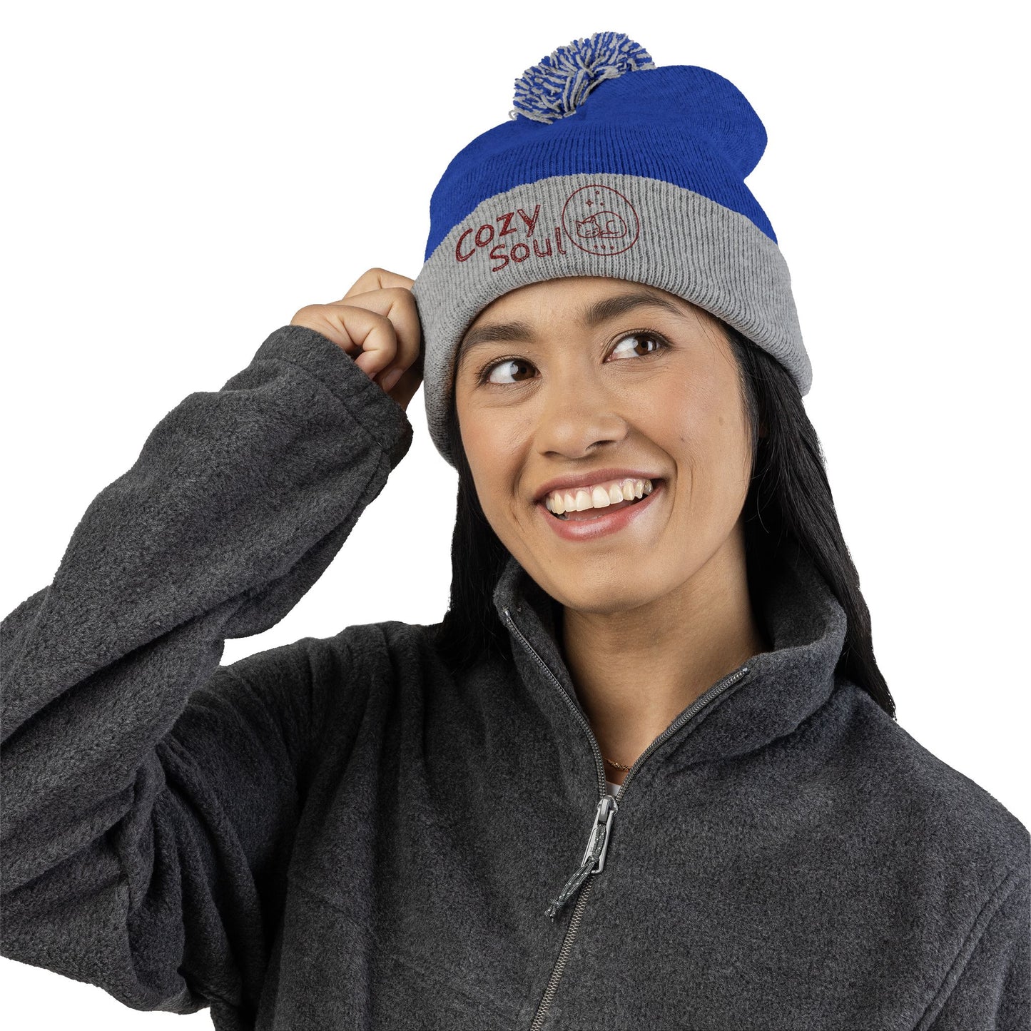 Cozy Soul Pom-Pom Beanie – Embroidered Knit Hat