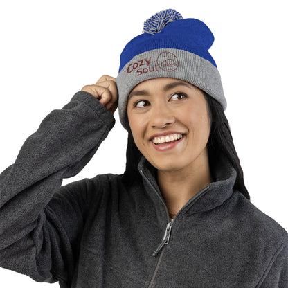Cozy Soul Pom-Pom Beanie – Embroidered Knit Hat