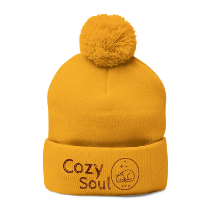 Cozy Soul Pom-Pom Beanie – Embroidered Knit Hat