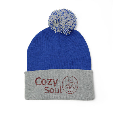 Cozy Soul Pom-Pom Beanie – Embroidered Knit Hat