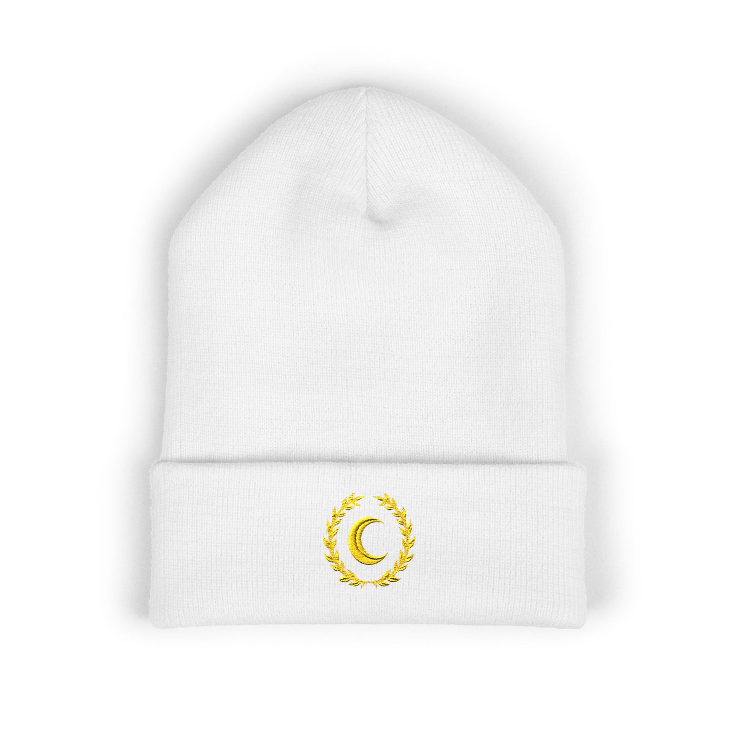 Golden Crescent Beanie – Embroidered Minimal