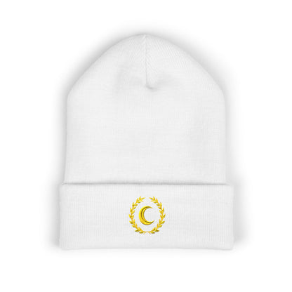 Golden Crescent Beanie – Embroidered Minimal