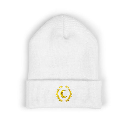 Golden Crescent Beanie – Embroidered Minimal