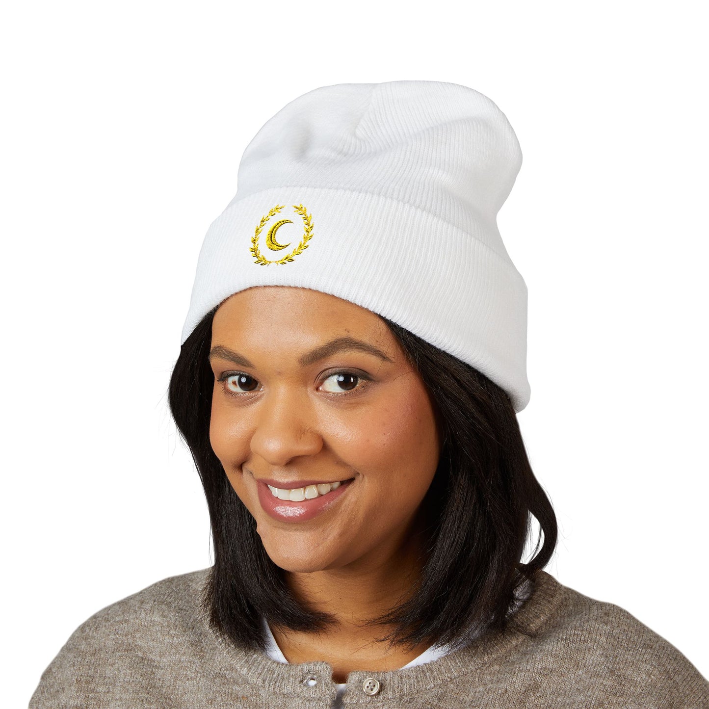 Golden Crescent Beanie – Embroidered Minimal