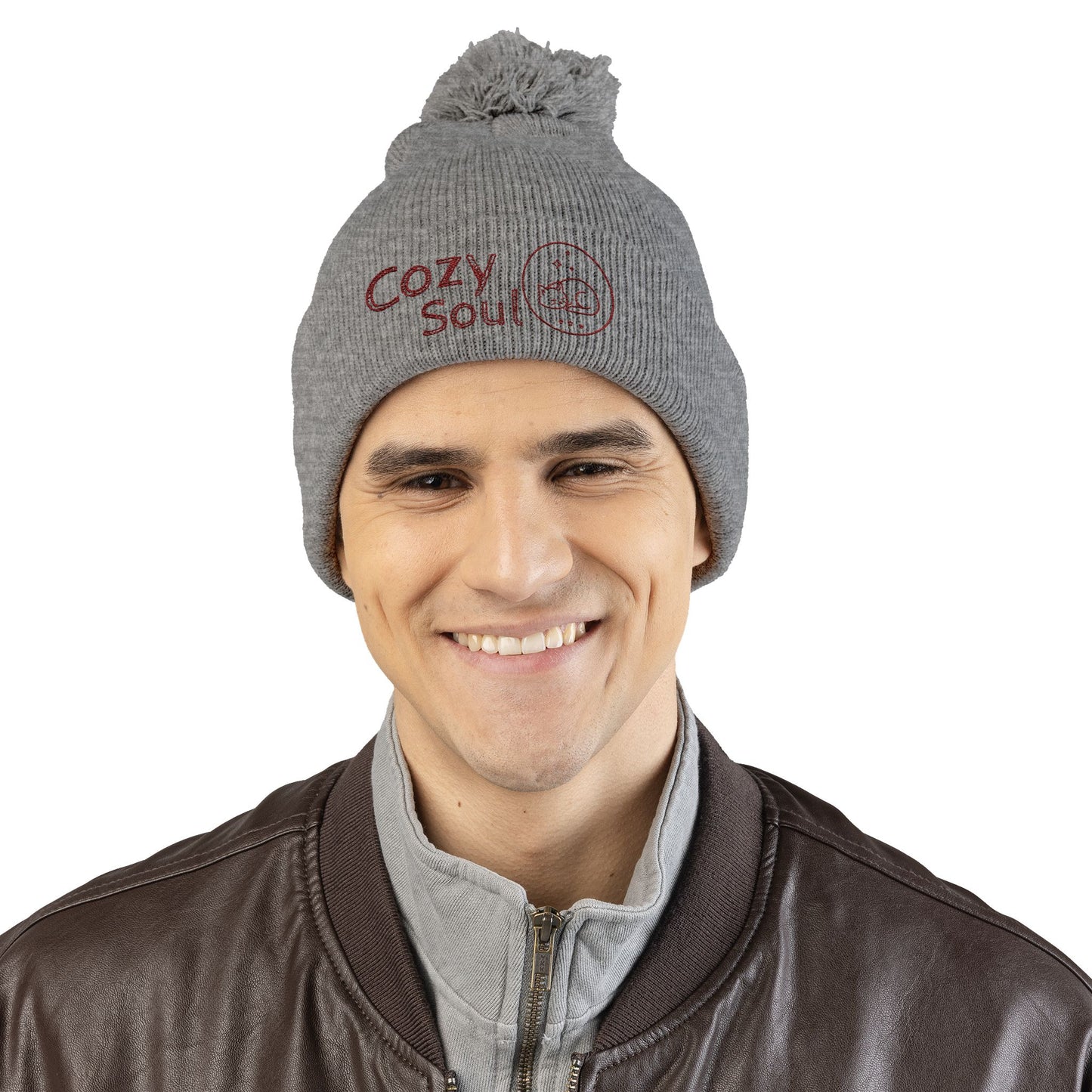 Cozy Soul Pom-Pom Beanie – Embroidered Knit Hat