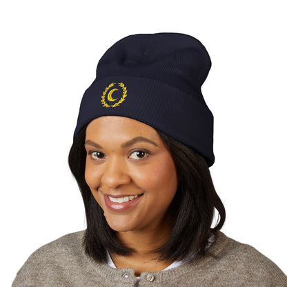 Golden Crescent Beanie – Embroidered Minimal