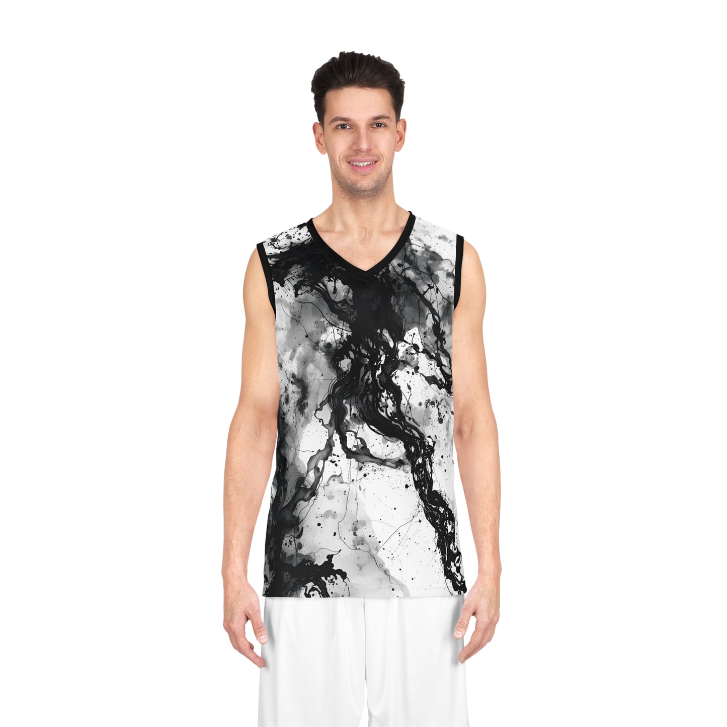 Abstract Ink Basketball Jersey – Black and White Flow