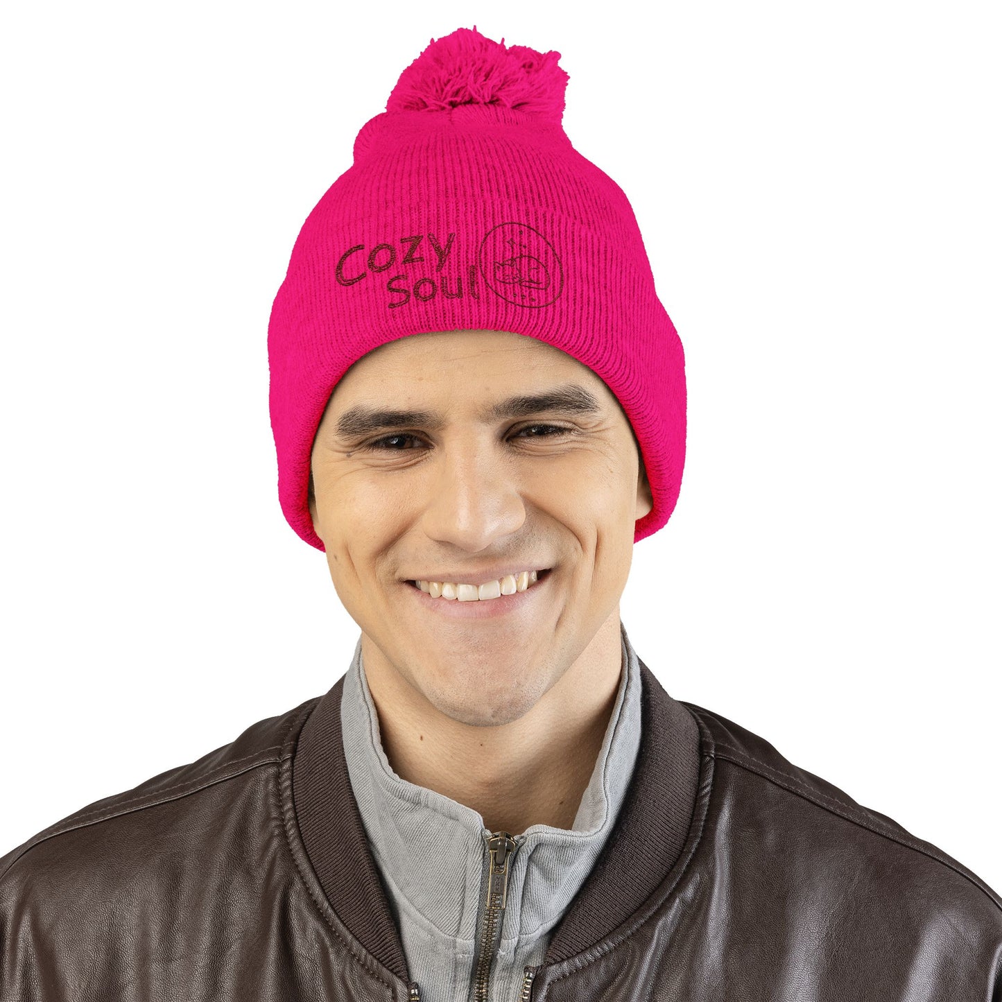 Cozy Soul Pom-Pom Beanie – Embroidered Knit Hat