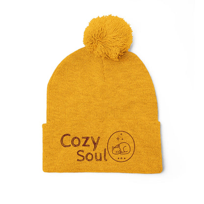 Cozy Soul Pom-Pom Beanie – Embroidered Knit Hat