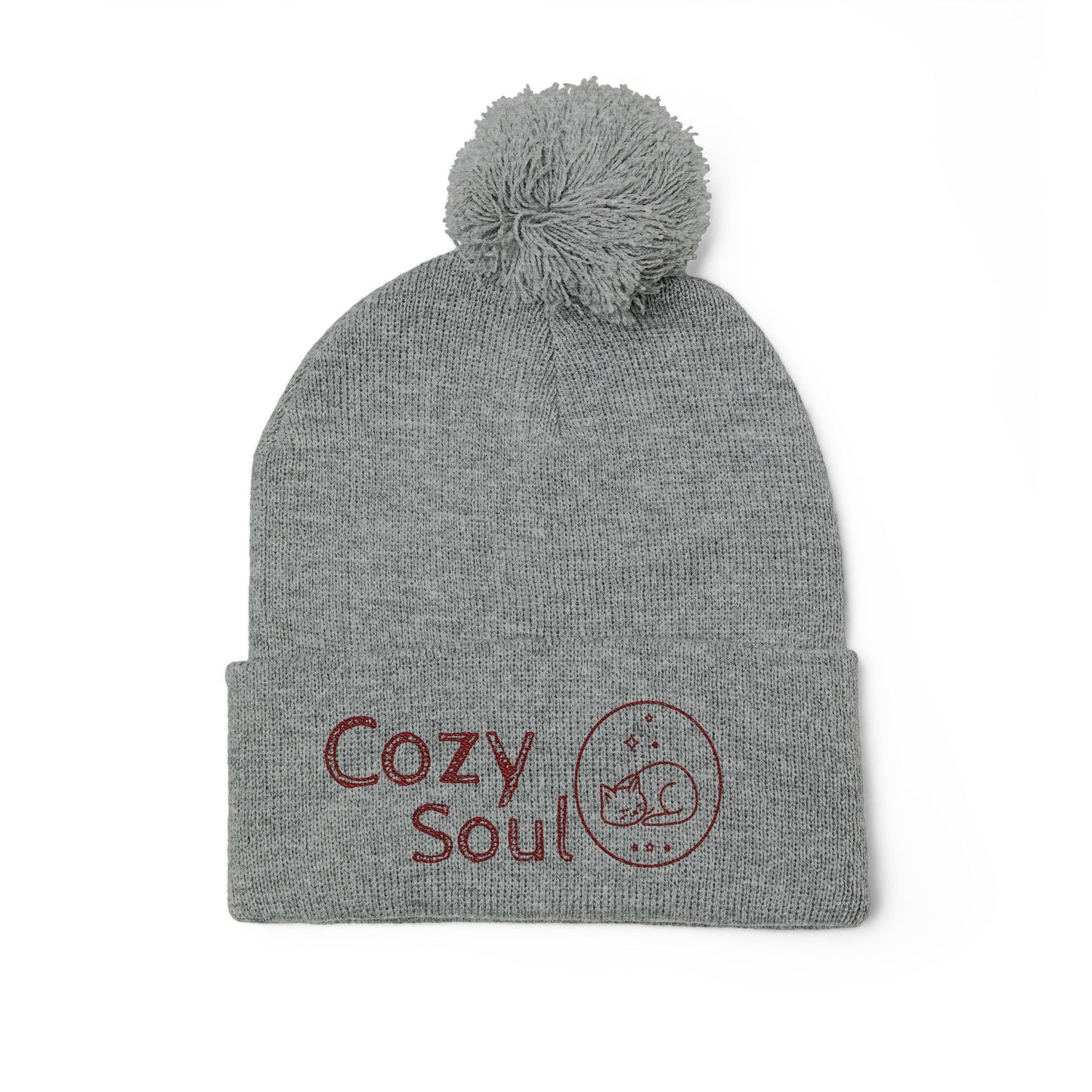 Cozy Soul Pom-Pom Beanie – Embroidered Knit Hat