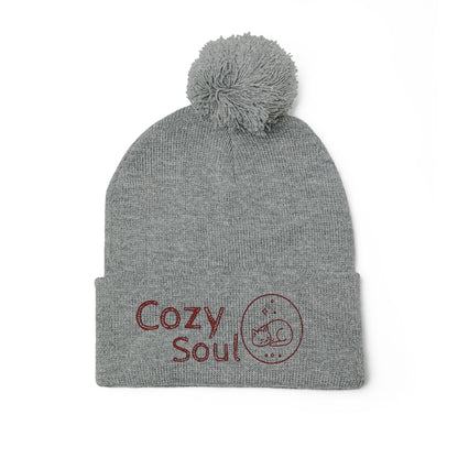 Cozy Soul Pom-Pom Beanie – Embroidered Knit Hat
