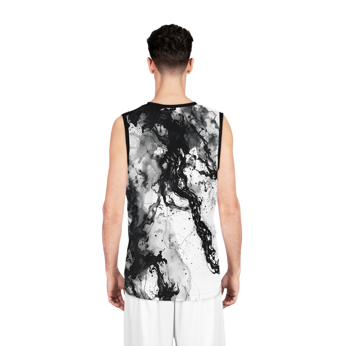 Abstract Ink Basketball Jersey – Black and White Flow