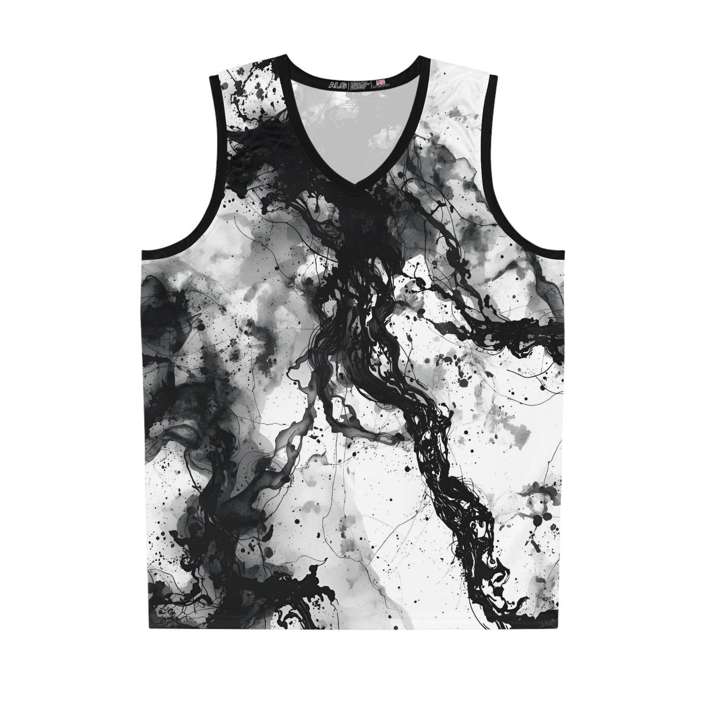 Abstract Ink Basketball Jersey – Black and White Flow