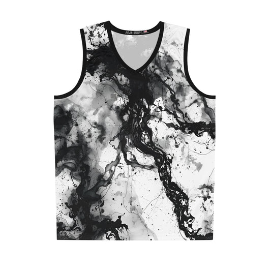 Abstract Ink Basketball Jersey – Black and White Flow