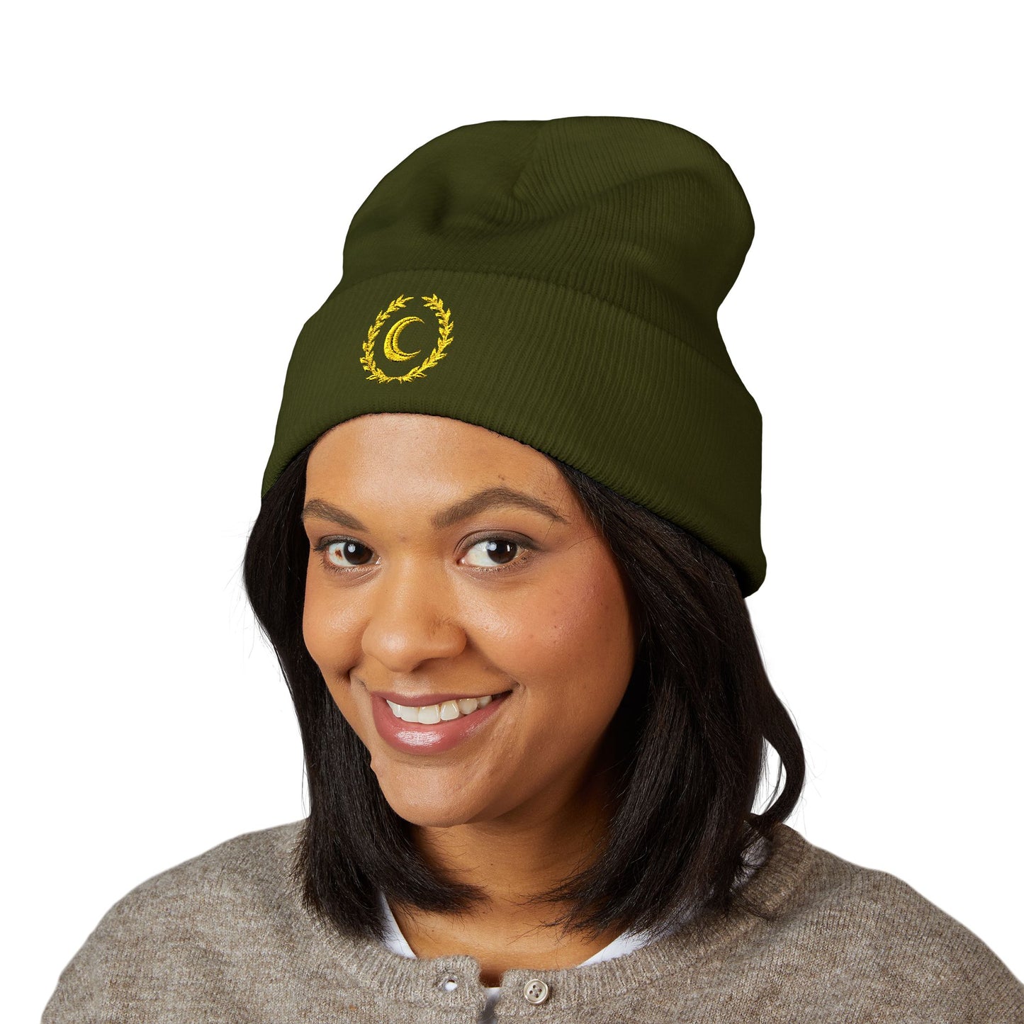 Golden Crescent Beanie – Embroidered Minimal