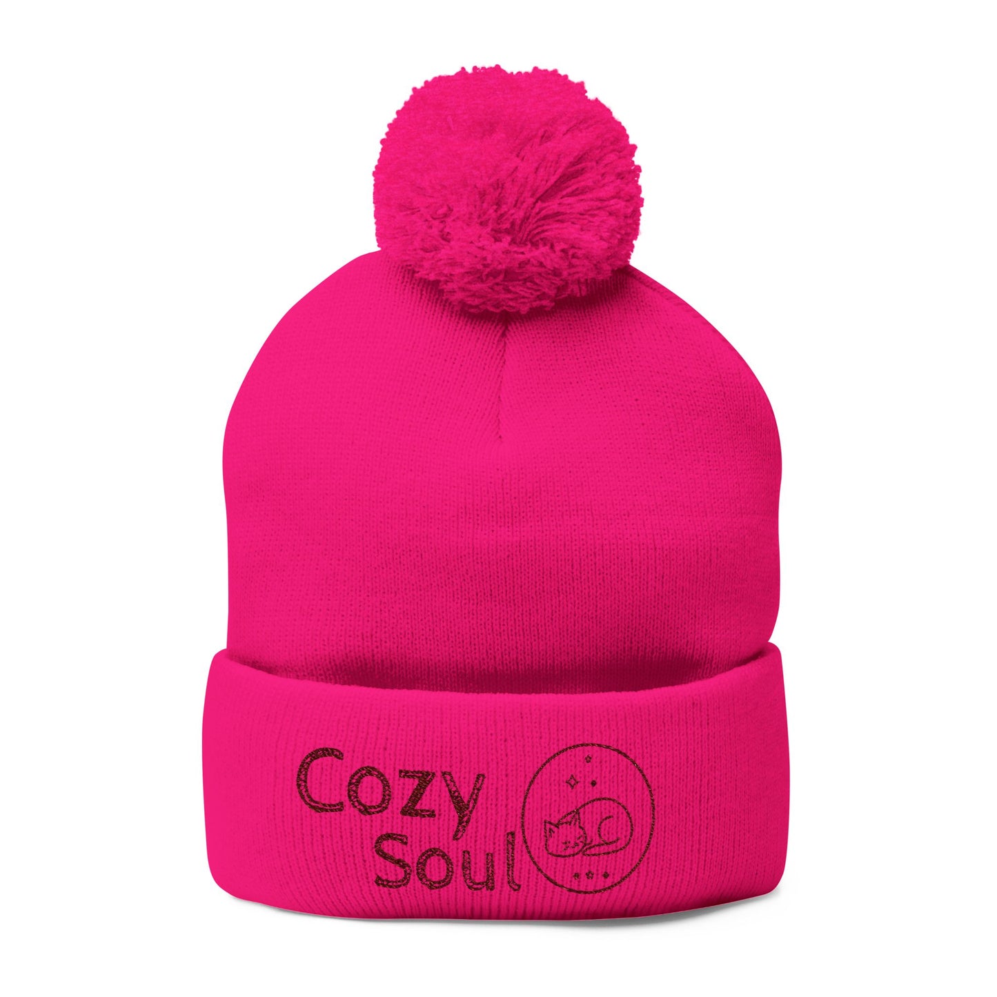Cozy Soul Pom-Pom Beanie – Embroidered Knit Hat