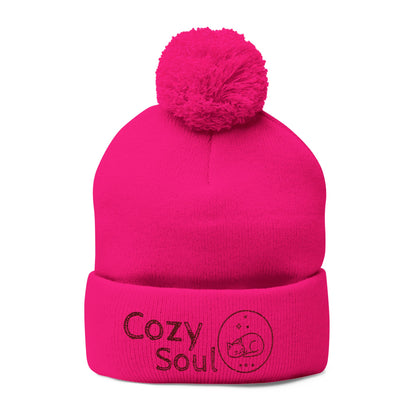 Cozy Soul Pom-Pom Beanie – Embroidered Knit Hat