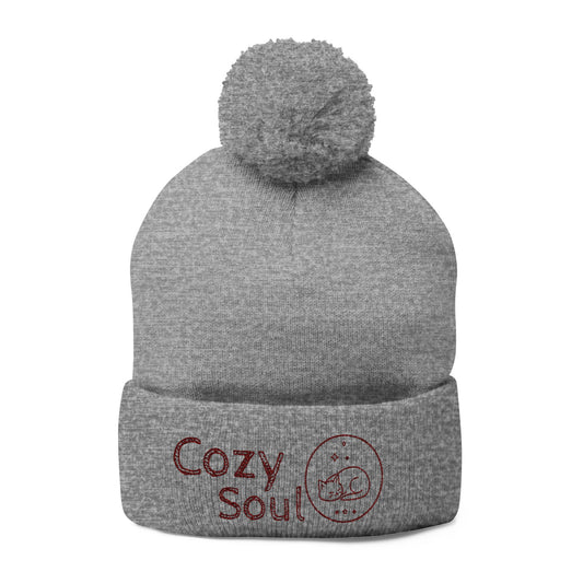 Cozy Soul Pom-Pom Beanie – Embroidered Knit Hat