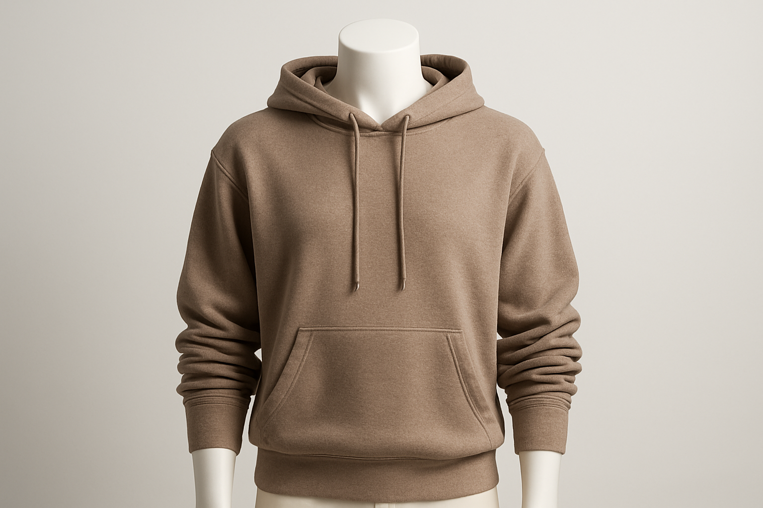 A cozy unisex hoodie on a modern mannequin, soft studio lighting, neutral background, lifestyle vibe, realistic texture, slightly folded sleeves, subtle shadows to show depth, high-resolution fashion product photo style.